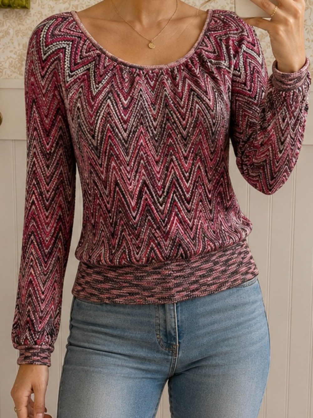 INC International Concepts Metallic Red and Black Chevron Knit Top